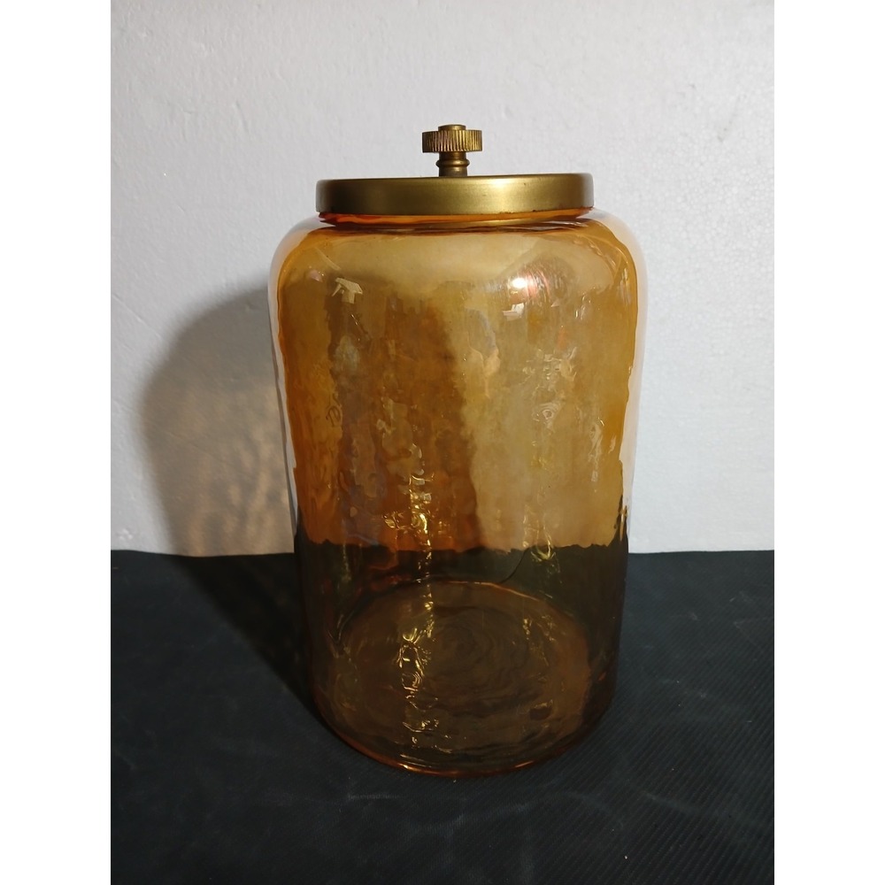 Vintage Mid Century Amber Glass Jar Canister Brass Metal Lid Hammered Iridescen